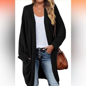 Black Waffle Knit Batwing Loose Open Front Sweater